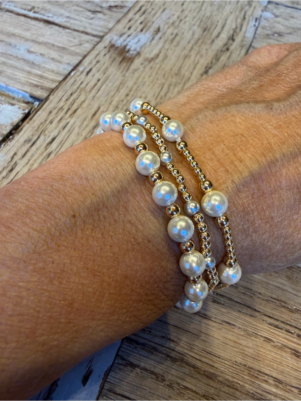 Gold and Pearl Stretch Bracelet Set - Elegant Women's Jewelry